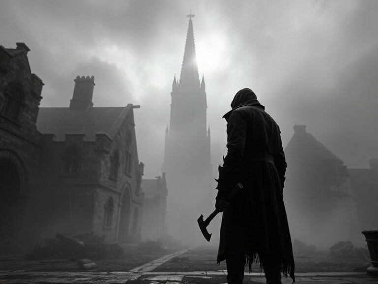 A moody, cinematic shot of Yharnam’s foggy streets at night, featuring a Hunter with a blood-stained weapon, surrounded by gr