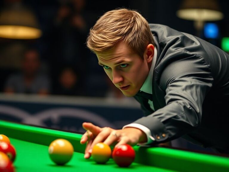 A focused Jack Lisowski mid-stroke at a brightly lit snooker table, wearing a dark shirt, with the Crucible Theatre backdrop