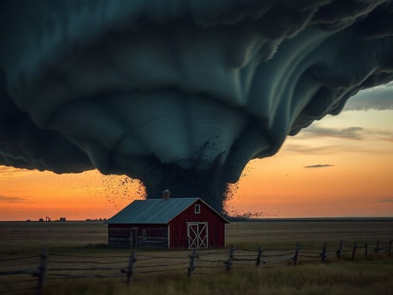 A dramatic scene of a large, wedge-shaped tornado touching down in a rural Kansas field at golden hour, with dark storm cloud