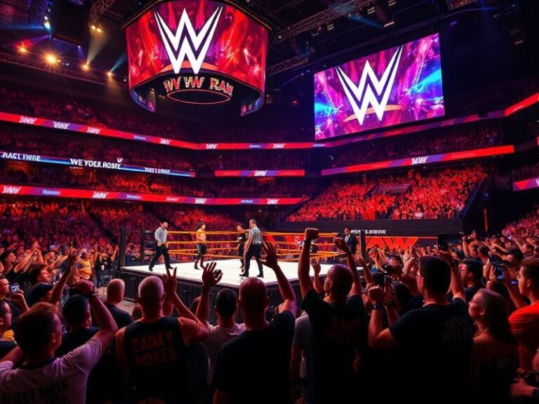 A dynamic WWE RAW ring shot featuring Roman Reigns holding the Undisputed WWE Universal Championship, surrounded by a roaring