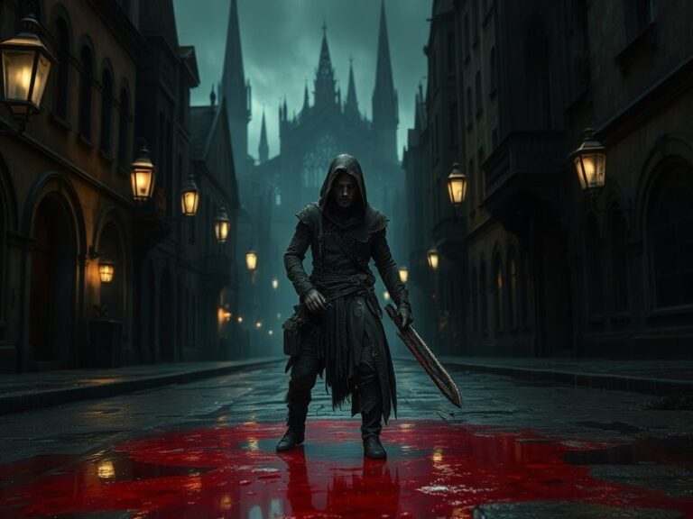 A moody, cinematic shot of the Bloodborne game cover art, featuring the Hunter's iconic weapon against a backdrop of Yharnam'