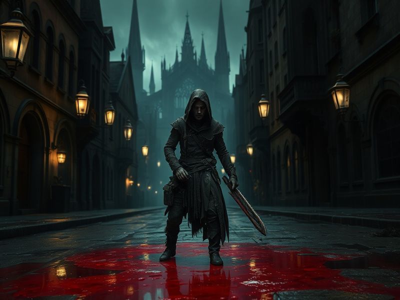 A moody, cinematic shot of the Bloodborne game cover art, featuring the Hunter's iconic weapon against a backdrop of Yharnam'