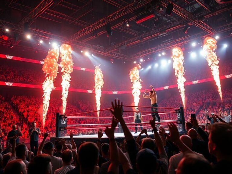 A high-energy WWE RAW stage set with wrestlers in action, including Seth Rollins, Brock Lesnar, and Drew McIntyre. The image