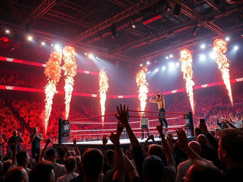 A high-energy WWE RAW stage set with wrestlers in action, including Seth Rollins, Brock Lesnar, and Drew McIntyre. The image