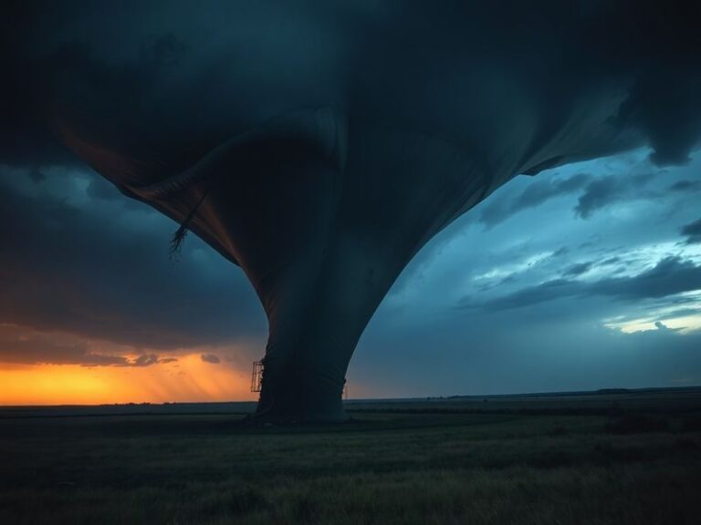 A dramatic image of a large, wedge-shaped tornado touching down in a rural Kansas landscape. The tornado is surrounded by dar