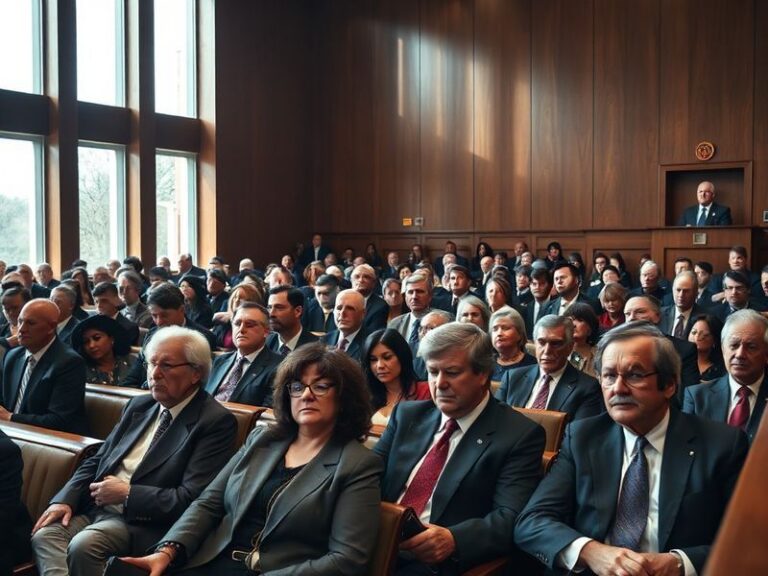 A balanced courtroom scene with diverse plaintiffs and lawyers on one side, a corporate building on the other, under soft dra