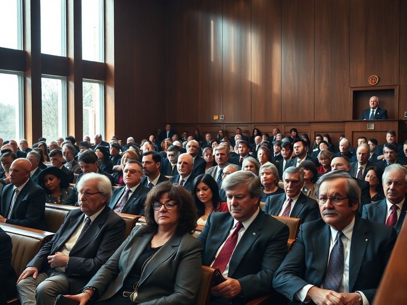A balanced courtroom scene with diverse plaintiffs and lawyers on one side, a corporate building on the other, under soft dra