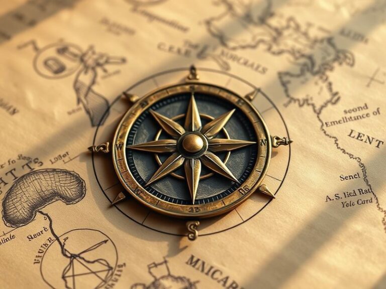 A detailed illustration of an ornate medieval windrose compass with intricate designs, surrounded by maritime charts and anci