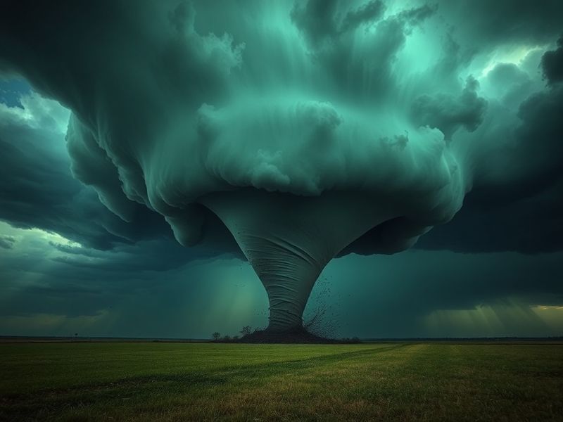 A split-image visual showing a dark, ominous supercell thunderstorm over the Kansas plains on one side, with a destroyed home