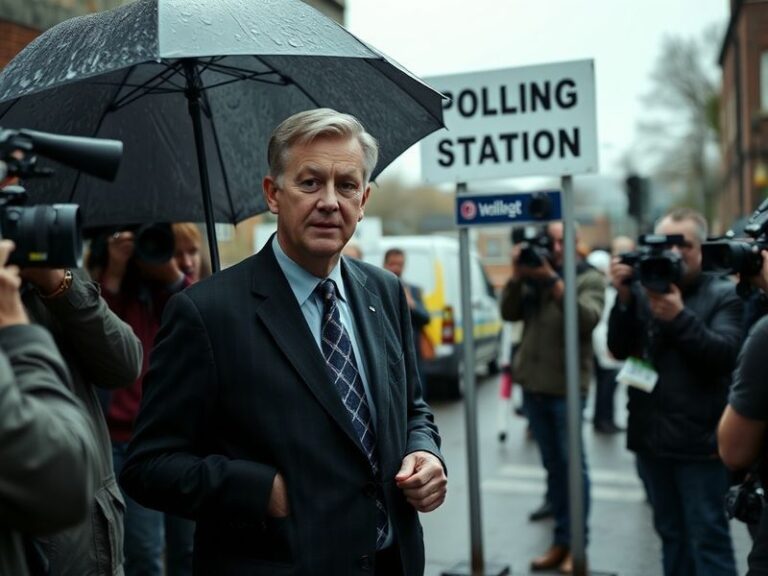 A campaign rally for Nigel Farage with a large British flag in the background, featuring supporters holding signs and banners
