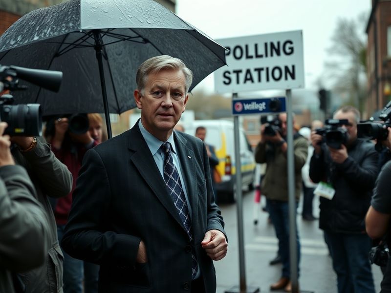 A campaign rally for Nigel Farage with a large British flag in the background, featuring supporters holding signs and banners