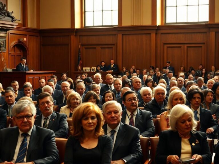 A courtroom scene with a judge's gavel, a diverse group of plaintiffs holding documents, and a corporate building in the back