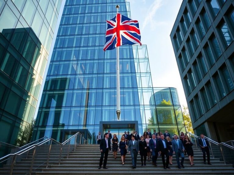 A professional photo of the UK Foreign Office building in London, with the Union Jack flag flying prominently. The scene capt