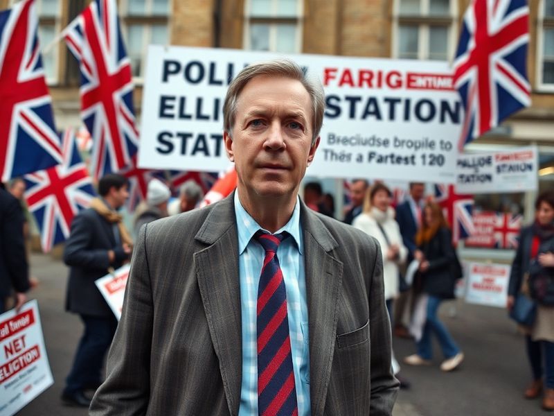 A dynamic political rally scene featuring Nigel Farage speaking to a large crowd, with British flags and Reform UK banners in