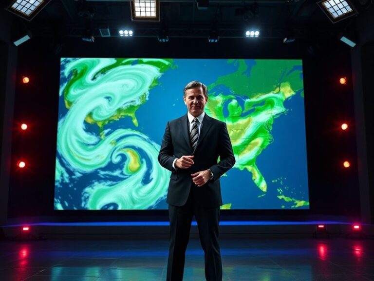 A split-screen image showing a meteorologist analyzing satellite weather data on a large screen in a modern forecasting cente
