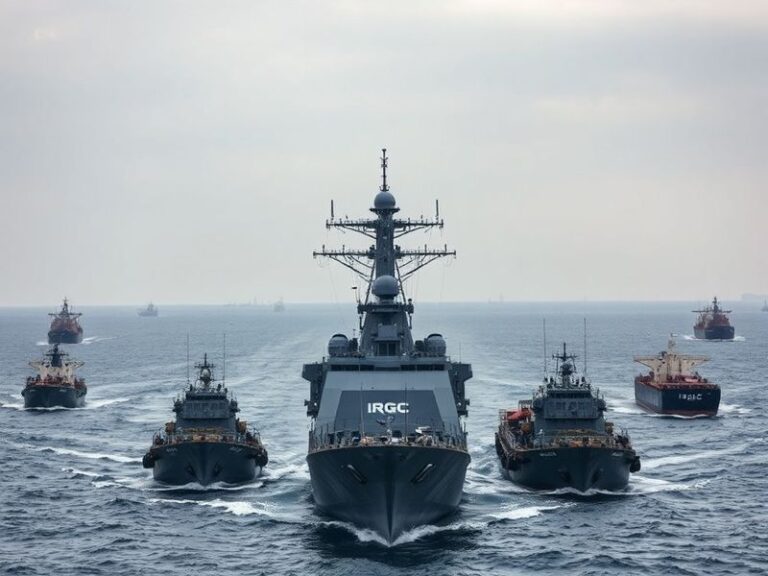 Aerial view of the Strait of Hormuz at dusk, showing oil tankers navigating the narrow passage between Iran and Oman, with mi