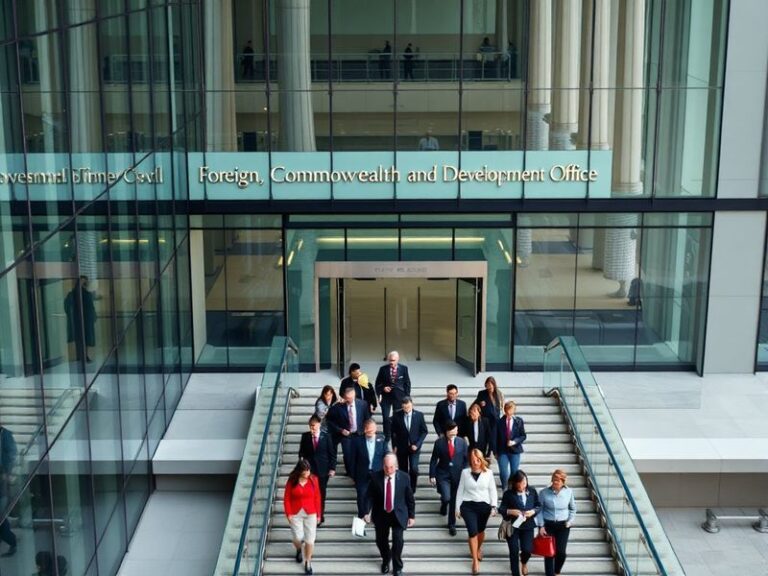 A globe centered on Europe and Africa, with pins marking key FCDO diplomatic missions. The scene includes a British flag, a h