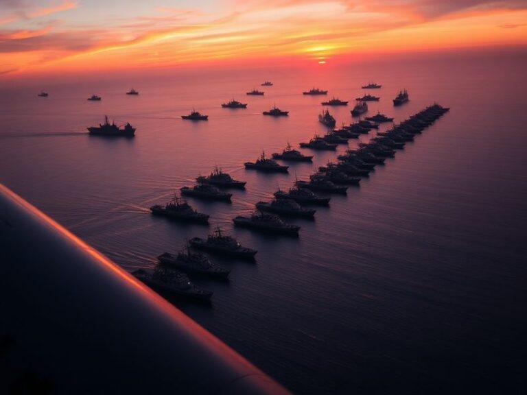 Aerial view of the Strait of Hormuz packed with oil tankers, with Iranian patrol boats nearby. The scene is tense, bright day