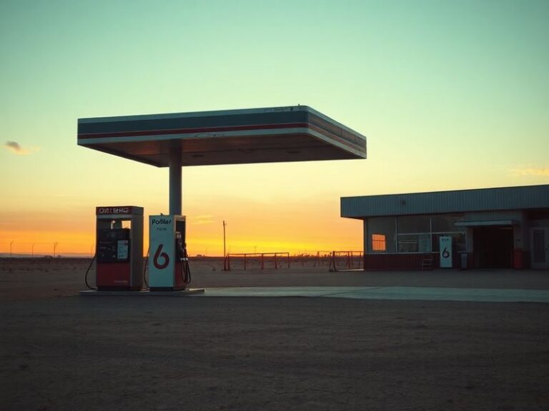 A long queue of cars at a petrol station with signs indicating 'Out of Fuel' or 'Limited Stock', showing motorists waiting fo