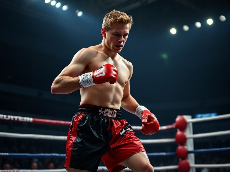 A dynamic action shot of Rico Verhoeven mid-fight, landing a powerful kick in a packed arena, with intense lighting and a foc