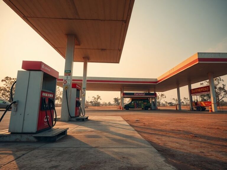 A wide-angle shot of a long line of cars at a petrol station in a remote Australian town at sunset, with empty fuel pumps vis