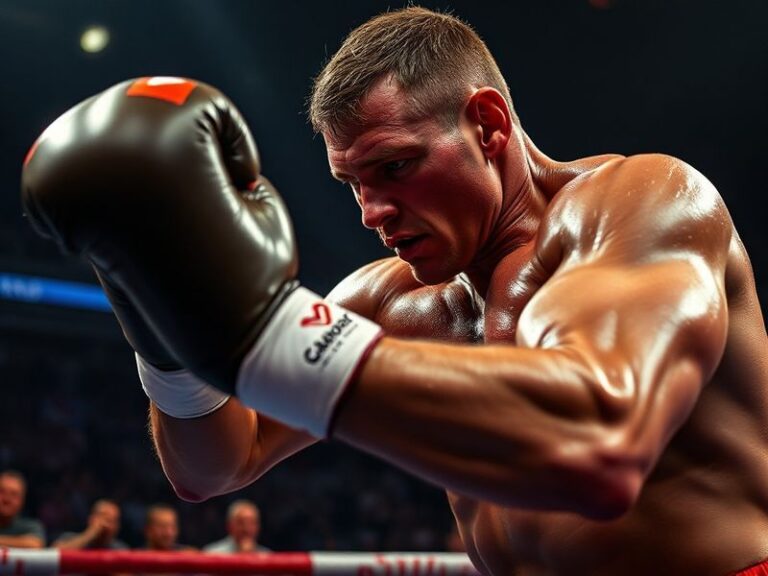 A dynamic action shot of Rico Verhoeven mid-kick in a packed arena, showcasing his intense focus and athletic form, with dram