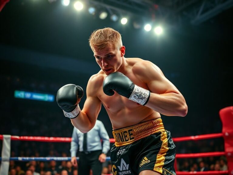 A dynamic action shot of Rico Verhoeven mid-kick in a K-1 ring, showcasing his technical precision and athletic form, with a