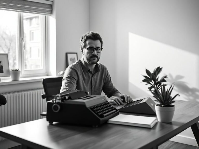 A split-image portrait: on the left, Evan Williams in a 2000s tech startup setting with early Blogger branding; on the right,