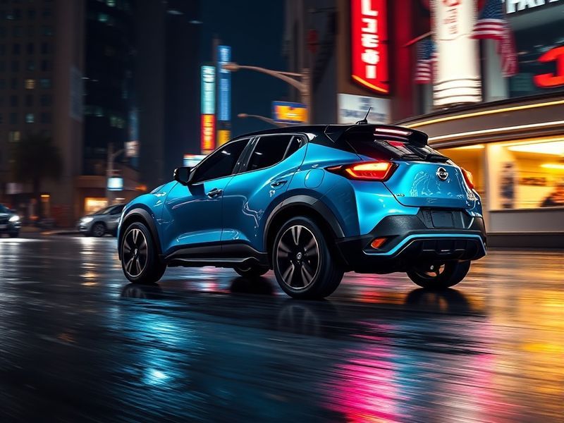 A dynamic side-angle shot of the Nissan Juke EV in a modern urban setting at dusk, with city lights reflecting on its glossy