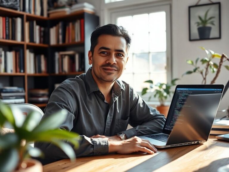 A dynamic studio shot of Daniel Moreno-Gama working on a digital art installation, surrounded by screens displaying AI-genera