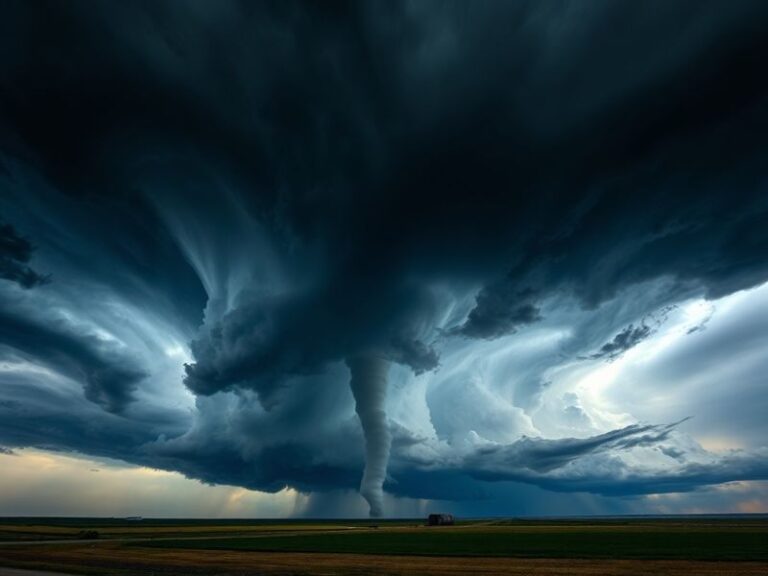 A dramatic, photorealistic scene of a severe thunderstorm approaching a Midwestern town at dusk, with lightning illuminating