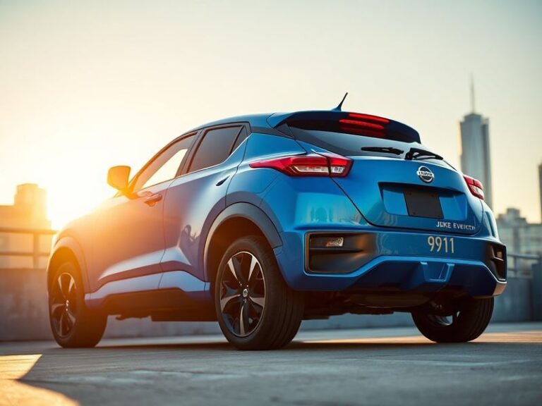 A dynamic shot of the Nissan Juke EV parked in a bustling city at dusk, with its headlights glowing and urban lights reflecti