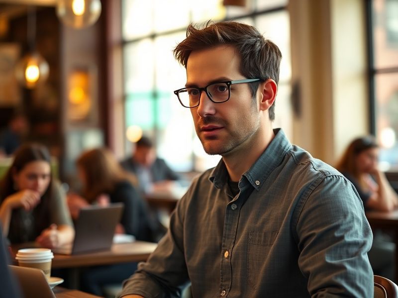 A candid portrait of Evan Williams in a modern office setting, with subtle tech elements like a laptop and smartphone in the