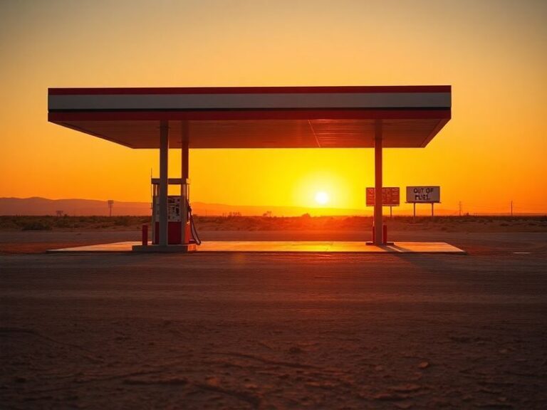 A long line of cars at a petrol station with digital signs showing 'Out of Fuel' and 'Limited Supply'. The scene is set durin