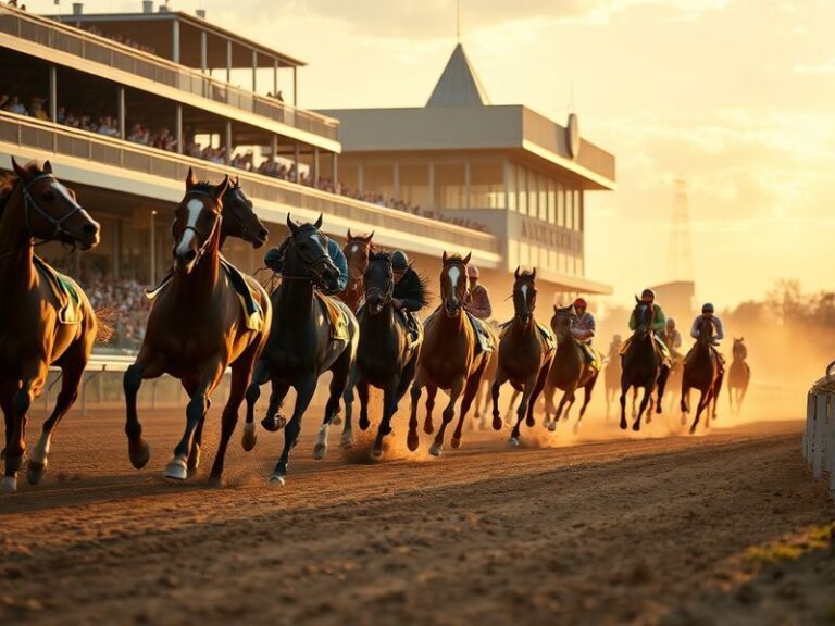 A vibrant image of a horse race at Churchill Downs during the Kentucky Derby, showcasing the energy of the track, jockeys in