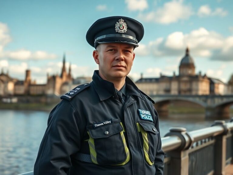 A diverse group of Thames Valley Police officers in uniform walking through a modern urban area, with a mix of historic and c