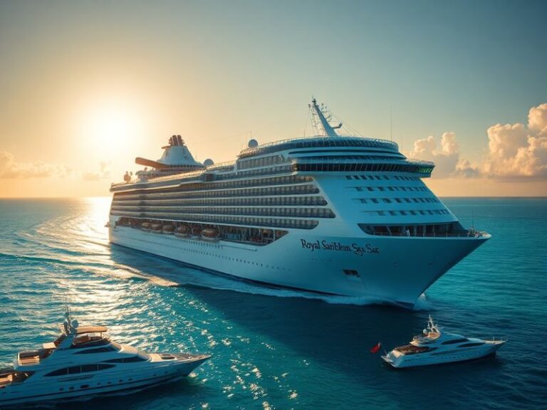 A wide-angle aerial view of the Icon of the Seas docked at a tropical port with turquoise water, palm trees, and modern cruis