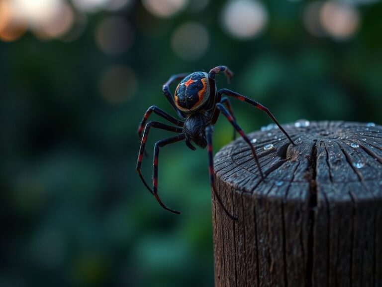 A close-up of a noble false widow spider (Steatoda nobilis) on a textured stone wall, showing its glossy black body with whit
