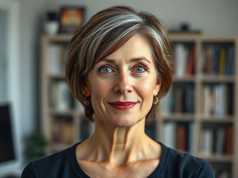 A professional portrait of Julie Menin speaking at a podium, with a New York City skyline in the background. She is dressed i
