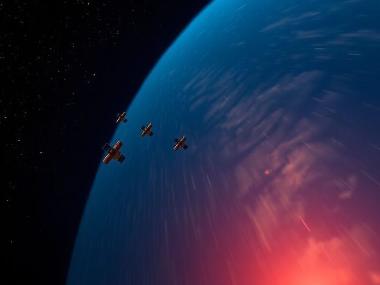 A high-tech satellite dish in a remote mountainous landscape, with a sleek Globalstar satellite orbiting overhead. The scene