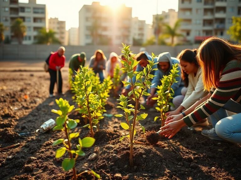 A diverse group of people planting trees in an urban park with Earth Day banners, sunlight filtering through green leaves, co