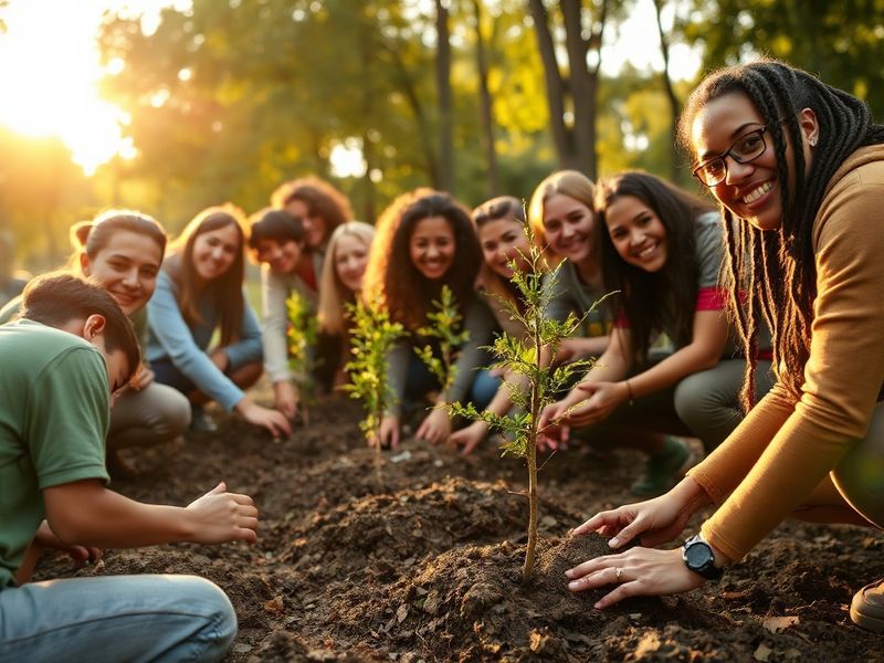 A diverse group of people planting trees in a park on a sunny day, with green grass, blooming flowers, and a clear blue sky.