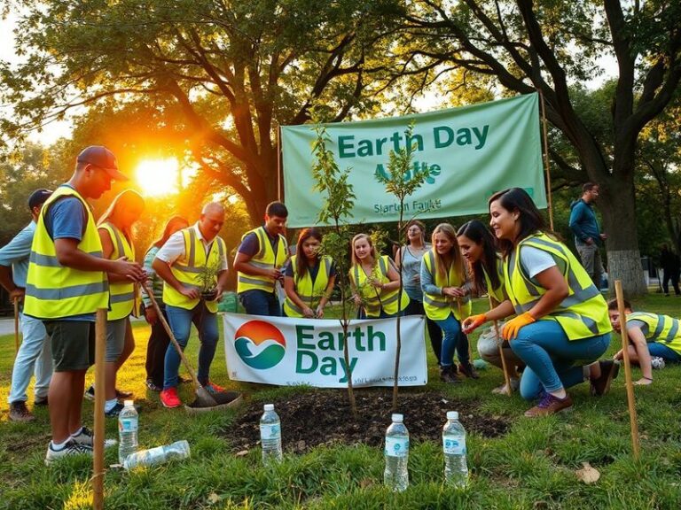 A diverse group of volunteers planting trees in an urban park on a sunny day. The scene includes children, adults, and senior