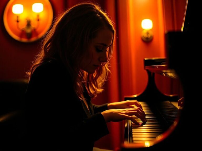 A moody, intimate portrait of Tori Amos sitting at a grand piano in a dimly lit room, her hands poised above the keys. The sc