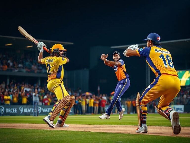 A split-screen image showing MS Dhoni (CSK) and Shreyas Iyer (KKR) mid-game, surrounded by teammates, with the M.A. Chidambar