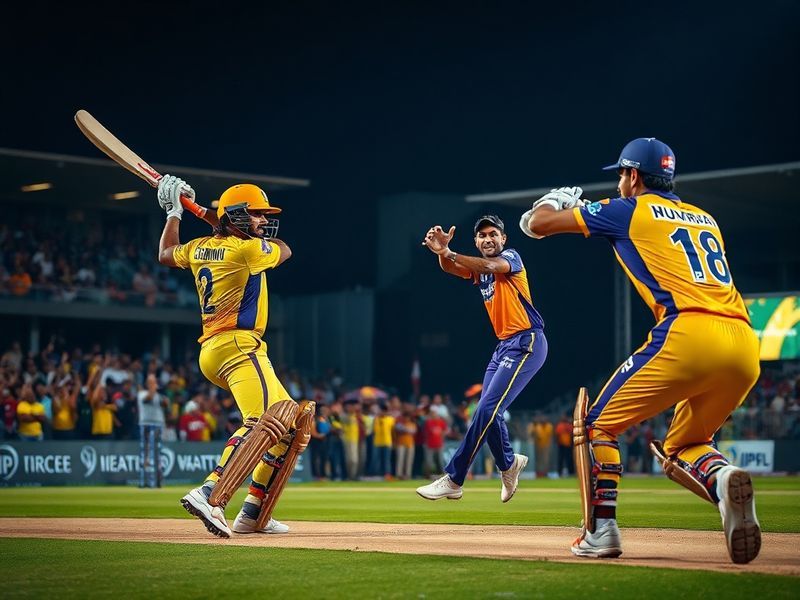 A split-screen image showing MS Dhoni (CSK) and Shreyas Iyer (KKR) mid-game, surrounded by teammates, with the M.A. Chidambar