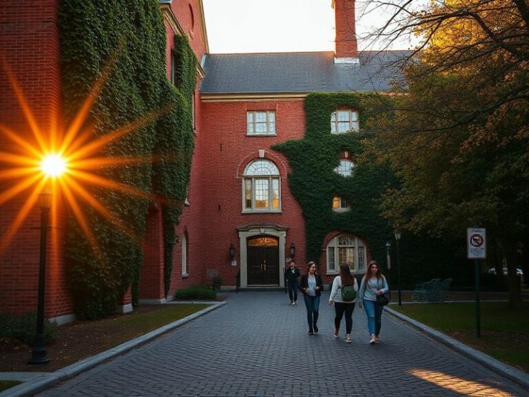 Aerial view of Hampshire College’s modernist campus in Amherst, Massachusetts, with students walking between uniquely designe