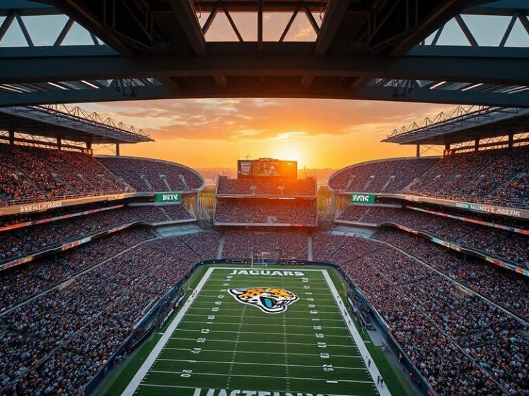 Aerial view of EverBank Stadium in downtown Jacksonville at dusk, with the illuminated stadium against the backdrop of the St