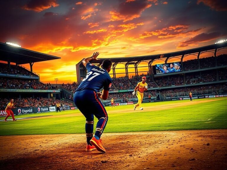 A vibrant cricket stadium filled with cheering fans, players from CSK and KKR shaking hands, and the IPL logo prominently dis