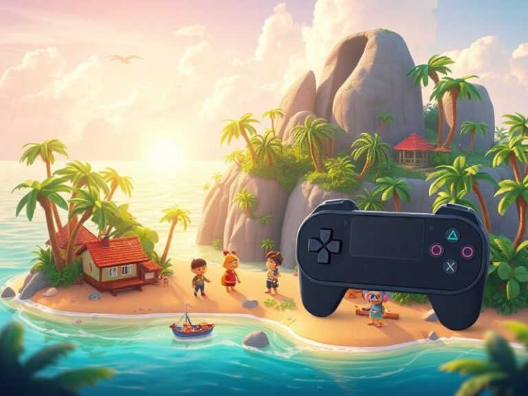 A split-screen concept art of Animal Crossing on PlayStation 5 and Nintendo Switch, showing a cozy island with villagers and